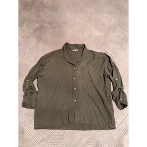 Cavalini Linen‎ Blend Button-Down Shirt Roll-Tab Sleeves Olive Green M
